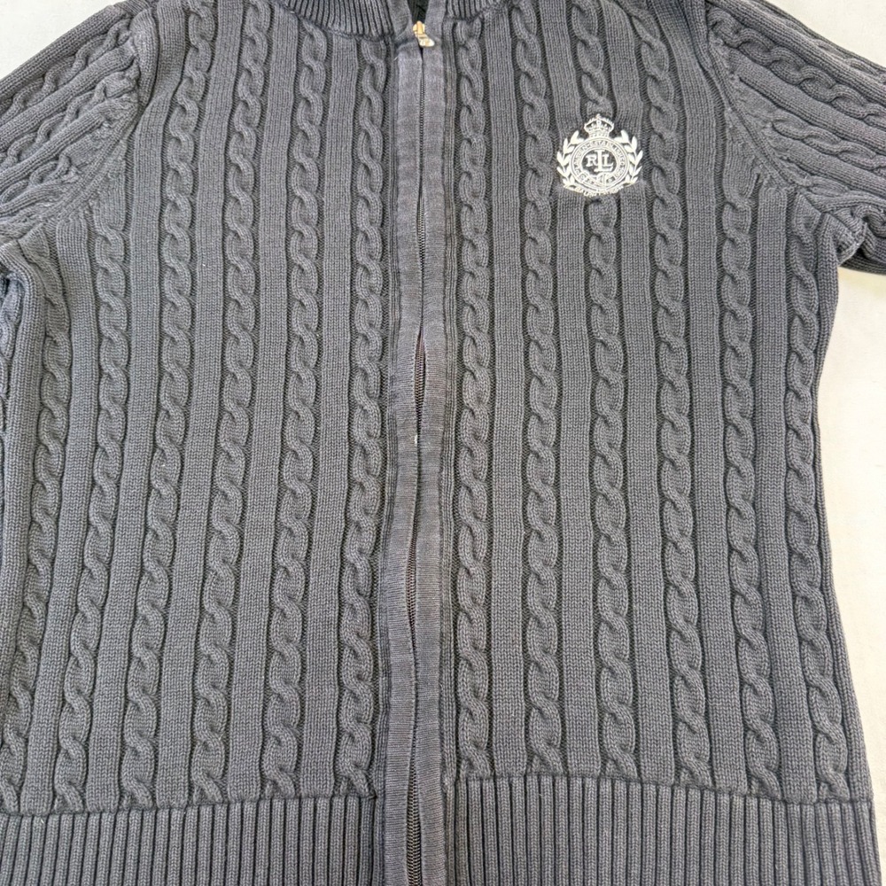 Ralph Lauren women's black Cable Knit Full Zip Crest Cardigan Sweater Large‎ - Picture 2 of 16